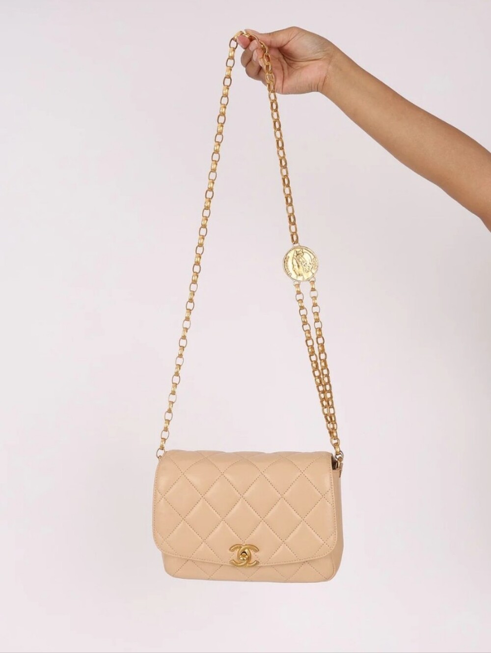 Chanel Authentic Bijoux Coin Chain Single Flap Leather Crossbody Bag 2020 Beige